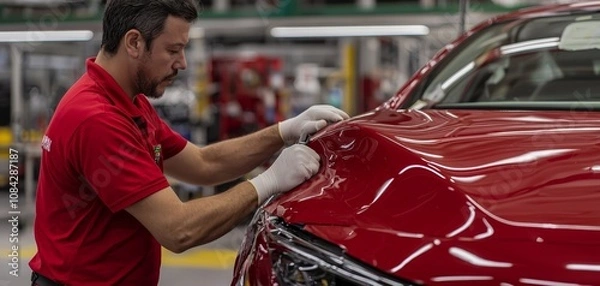 Fototapeta Precise Automotive Wrapping Focused Man Applying Red Protective Film to Car Hood in Factory Setting