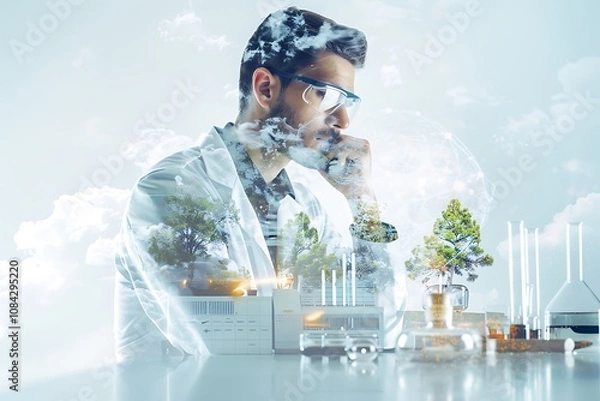 Fototapeta Double Exposure Thoughtful researcher in a lab setting, engaged in contemplation with a double exposure of nature and scientific elements, highlighting the fusion of technology and environment