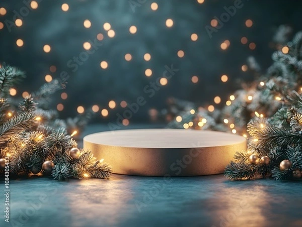 Fototapeta cylindrical podium for displaying cosmetics and product with Christmas decorations, soft light