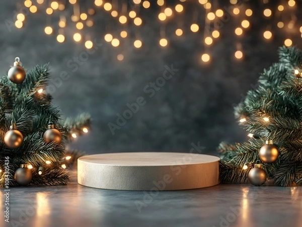 Fototapeta cylindrical podium for displaying cosmetics and product with Christmas decorations, soft light