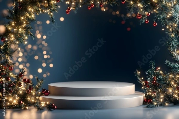 Fototapeta cylindrical podium for displaying cosmetics and product with Christmas decorations, soft light