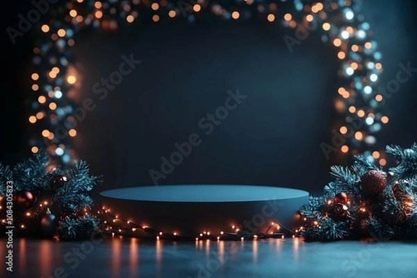 Fototapeta cylindrical podium for displaying cosmetics and product with Christmas decorations, soft light