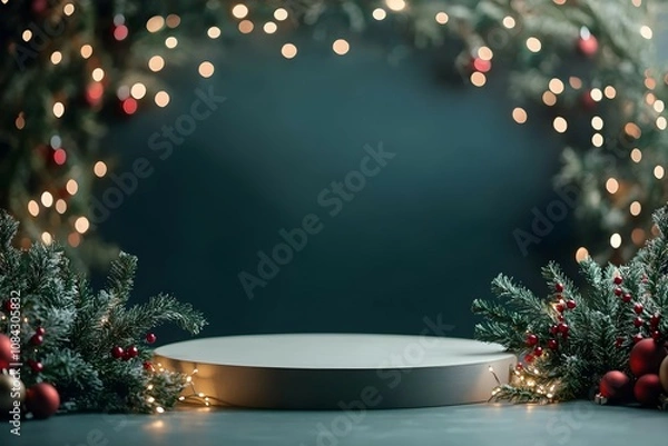 Fototapeta cylindrical podium for displaying cosmetics and product with Christmas decorations, soft light