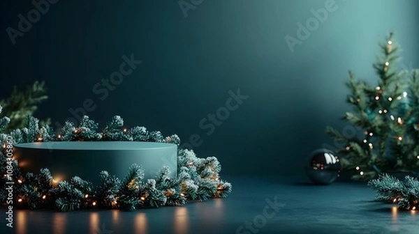 Fototapeta cylindrical podium for displaying cosmetics and product with Christmas decorations, soft light
