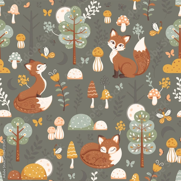 Obraz Seamless pattern with cute little foxes, trees, mushrooms, butterflies and moons in a green autumn forest. Repeated surface vector design.