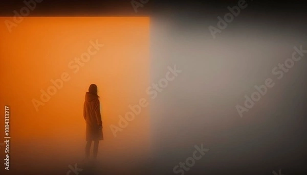 Fototapeta Mysterious Person Silhouette in Orange and White Gradient Light Background