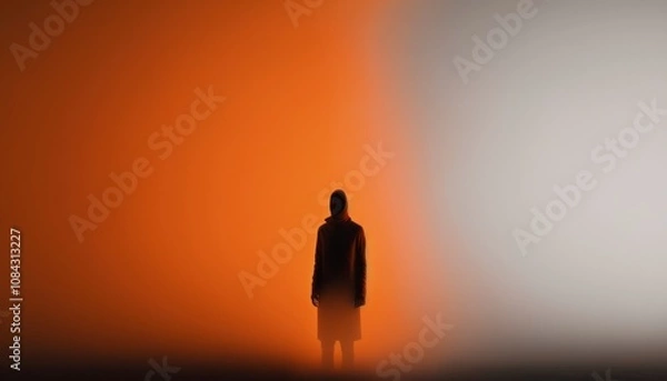 Fototapeta Mysterious Person Silhouette in Orange and White Gradient Light Background