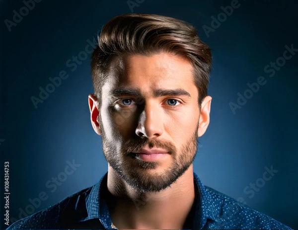 Fototapeta Artistic portrait of a young man with a dreamy expression, perfect for creative projects