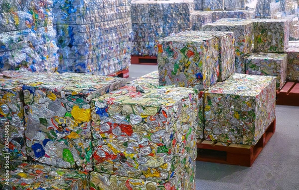Obraz Aluminum cans compressed into rectangular blocks for recycling preparation