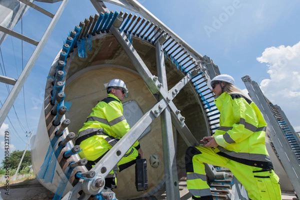 Fototapeta Wind Turbine Maintenance and Repair Technician, Engineer Checking Turbines working maintenance clean power generator system