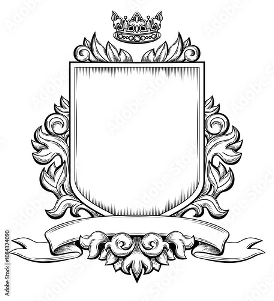 Fototapeta Template of Medieval Coat of Arms with Crown, Ribbon and Floral Ornament. Black and White Outline Hand Drawn Retro Illustration. Vintage Engraving. Element for Classic Heraldic Design, Mascot