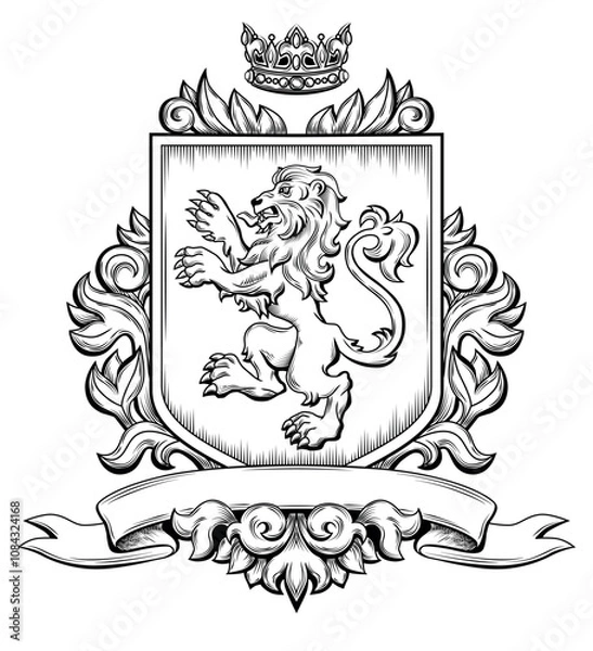 Fototapeta Template of Medieval Coat of Arms with Crown and Lion, Standing on Hind Legs. Black and White Outline Hand Drawn Retro Illustration. Vintage Engraving. Element for Classic Heraldic Design, Mascot, Tat