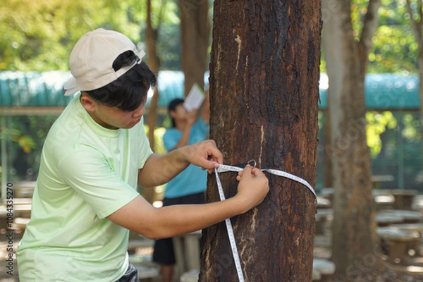 Obraz Asian child uses a tape measure to measure the circumference of a tree trunk. To study the carbon storage of trees
