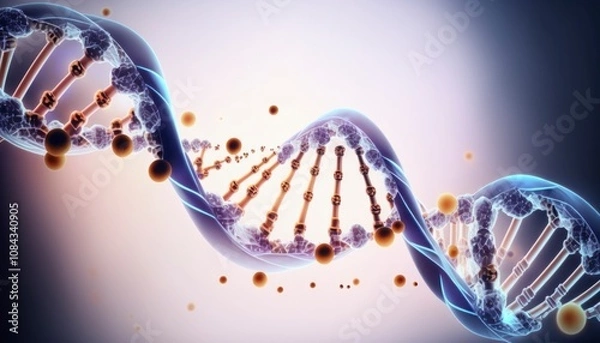 Fototapeta 3D visualization of a DNA double helix structure with glowing molecular details, symbolizing genetics, science, and biotechnology advancements
