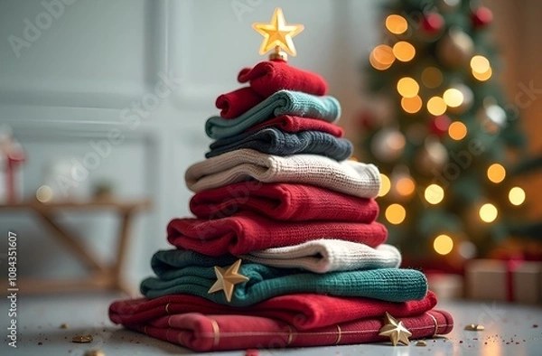 Fototapeta A Christmas card. A stack of clothes stacked on top of each other in the form of a Christmas tree, with a star on top. The background is festive blurred with bokeh lights