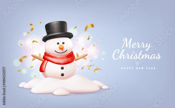Fototapeta Vector christmas illustration of cute realistic snowman in top hat and red scarf on light background with text Merry Christmas and Happy New Year. 3d cartoon style design of smile snowman with bokeh