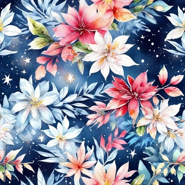 Fototapeta Lush floral pattern with vibrant pink, white petals against deep blue background.Dynamic leaves add depth, for projects needing fresh, nature inspired design, poster, greeting card, print, background