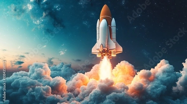 Fototapeta Rocket Launching Into Night Sky With Glowing Flames and Smoke Trail Representing Innovation, Exploration, and Advanced Space Technology