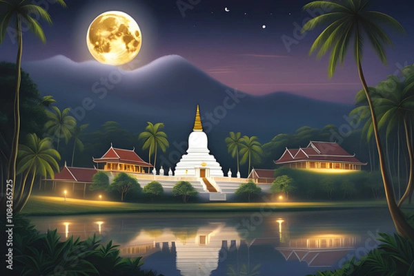 Obraz Full moon poya day night scene.  SriLankan Buddhist Temple. HD background
