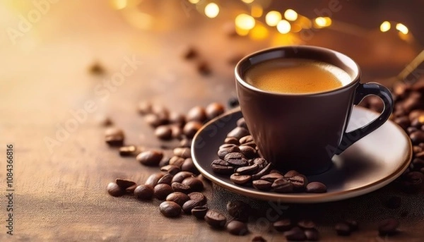 Fototapeta an espresso coffee cup with coffee beans, like a quiet moment of stillness in a busy day, offering space for thought and creativity, golden light effect 
