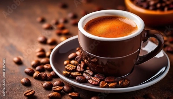 Fototapeta cup of coffee with beans, an espresso cup with coffee beans with place for adding text or design