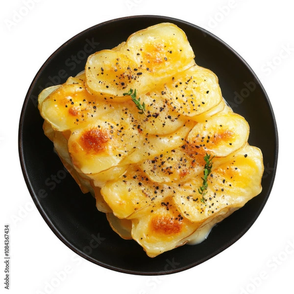 Obraz Ultrarealistic UHD Photo of Scalloped Potatoes, Thin Potato Slices, Golden and Creamy, Garnished with Fresh Herbs, Served in a Rustic Baking Dish, Perfect for Thanksgiving or Christmas Dinner.