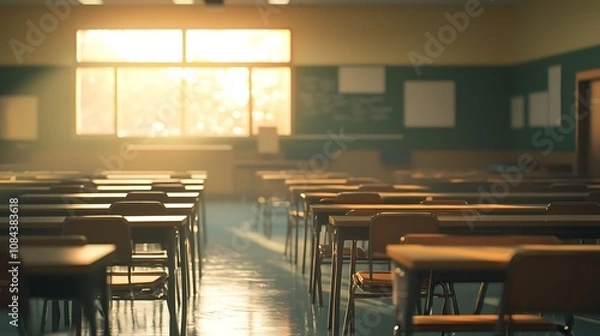 Obraz A high school classroom with desks and chairs in an empty classroom, no people with copy space for text. School interior background with sunlight and a blur of students learning at their desks.