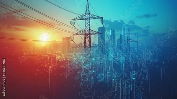 Obraz High-voltage power grid with city skyline and lines of energy data in the background. Double exposure concept for smart electricity management, digital twin technology, or global gas and electric