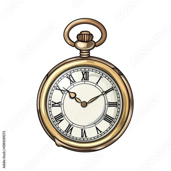 Fototapeta Vintage Gold Pocket Watch with Roman Numerals and Illustration Style, Timeless Accessory Representing Elegance and Nostalgia for Classic Timekeeping Aesthetic