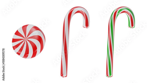 Fototapeta Christmas Candy Cane Set with Peppermint Swirl on Transparent Background.