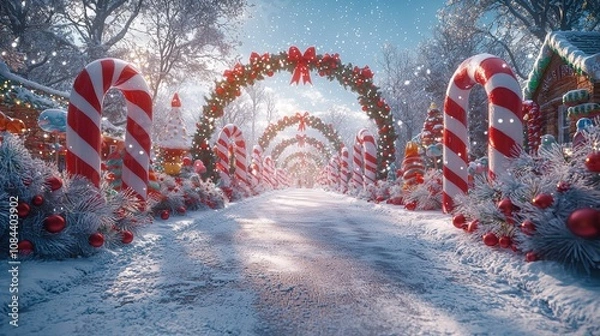 Obraz Enchanted Candy Cane Lane: A whimsical winter wonderland unfolds, a picturesque path lined with giant candy canes and festive wreaths.