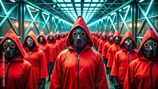 Obraz Group of people wearing red hooded and black masks in a dark corridor. Guard mask from the movie squid game. Famous Korean Squid Game. Glowing blue, neon lamps