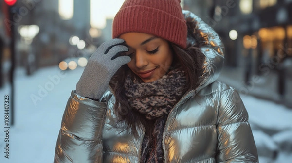 Fototapeta A trendy metallic puffer vest layered over a cozy hoodie, paired with a patterned scarf and sleek gloves, creating a modern, sporty winter look.