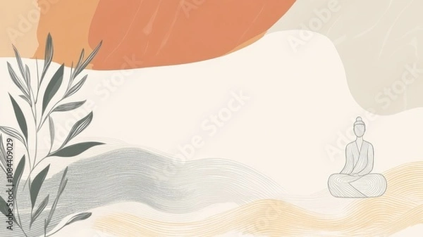 Obraz Minimalist illustration of person meditating among abstract designs and foliage