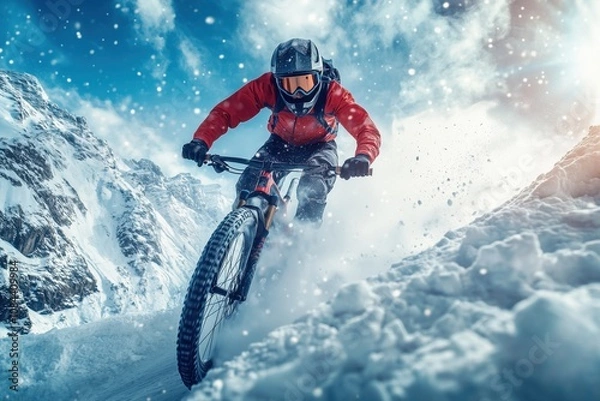 Obraz Professional cyclist riding fat bike on snowy mountain trail in winter