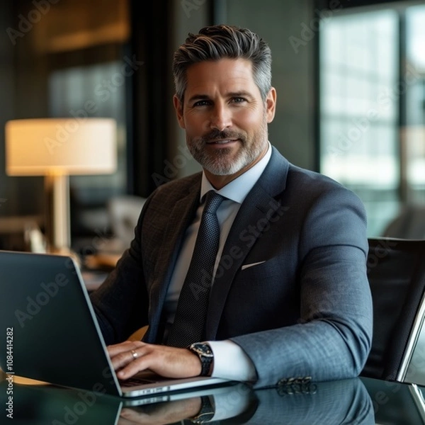 Obraz Confident businessman working on laptop in modern office