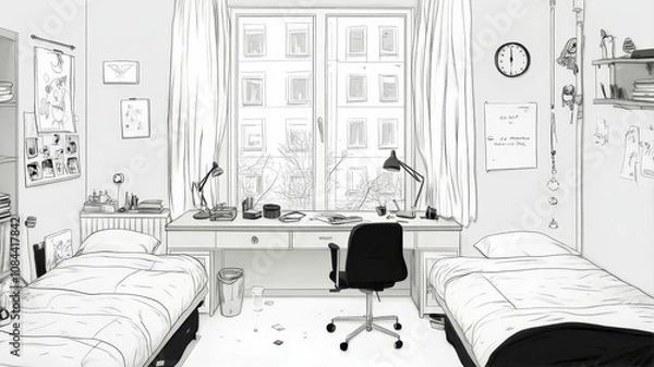 Fototapeta A Serene Dorm Room in Monochrome Featuring Two Beds and a Study Space in Bright Daylight