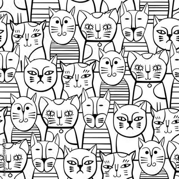 Fototapeta Cute monochrome Cats. Cartoon vector seamless pattern.