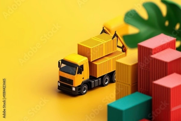 Fototapeta goods or service receipt concept. shipping concept. Shipping container yard with cranes loading goods onto trucks, high-volume logistics, 3D illustration