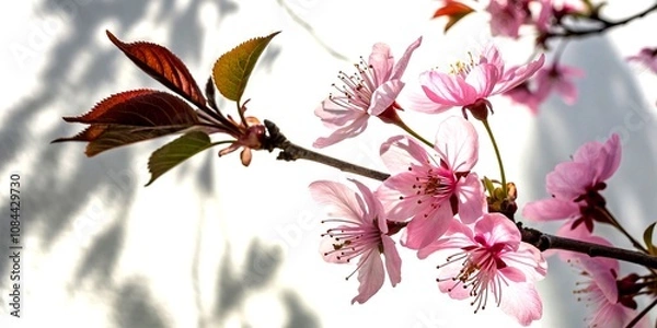 Fototapeta Closeup of Vibrant Pink Flowers with Leaf Shadow on White Backdrop, Showcasing Stunning Tilt-Shift Photography Techniques for a Dreamy Aesthetic