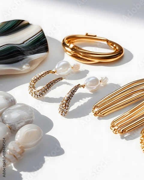 Fototapeta Elegant gold jewelry and pearl earrings displayed on a white background. The image showcases the intricate details and luxurious feel of the pieces.