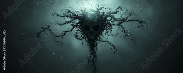Fototapeta Dark organic shape resembling skull with tree roots in misty atmosphere.