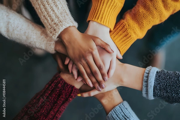 Fototapeta A diverse group of women show unity by placing their hands together in a stack.  Warm, inviting colors and textures create a feeling of togetherness and support.