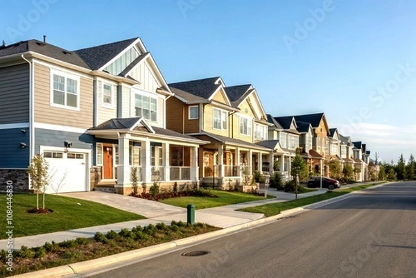 Fototapeta Elegant Row of Newly Built Townhouses in the Suburbs Showcasing Modern Architecture from a Long Side View Angle, Perfect for Real Estate Marketing and Home Buying Promotion