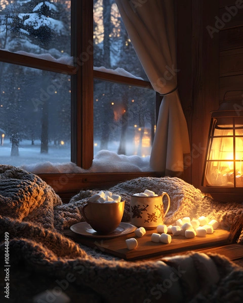 Fototapeta Cozy winter scene: Two mugs of hot chocolate with marshmallows sit on a wooden tray by a snow-covered window.  Warm lighting creates a peaceful atmosphere.