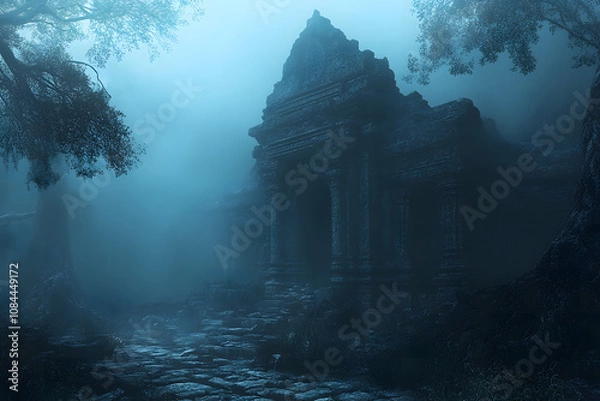 Fototapeta Enigmatic ancient stone ruins shrouded in a mysterious blue fog.  A pathway leads to the aged structure, creating an eerie, atmospheric scene.