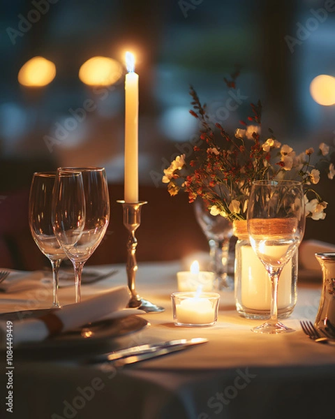 Fototapeta Romantic dinner setting with candles, wine glasses, and wildflowers. Soft, warm lighting creates an intimate ambiance.