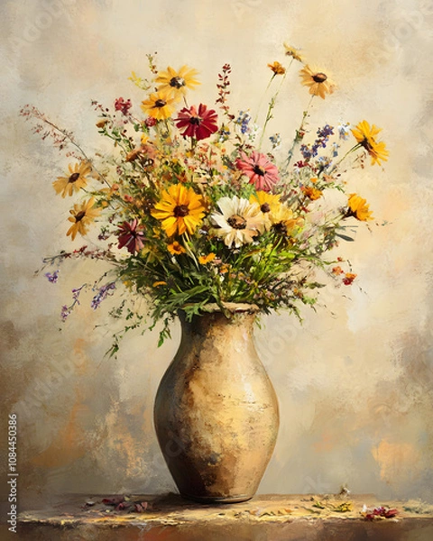 Fototapeta A rustic earthenware vase filled with a vibrant bouquet of wildflowers in warm, autumnal colors.  The painting evokes a sense of rustic charm and natural beauty.