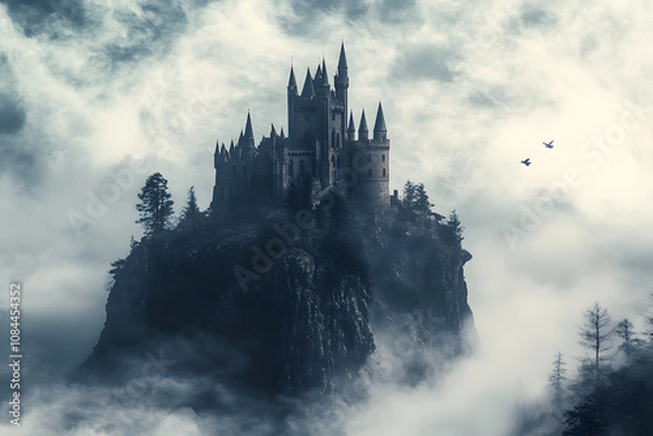 Fototapeta A majestic castle perched atop a misty mountain peak, shrouded in an ethereal fog. Two birds fly overhead, adding to the mystical atmosphere.