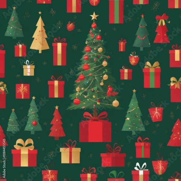 Fototapeta Christmas tree and presents, background in red, green, and gold, traditional festive design